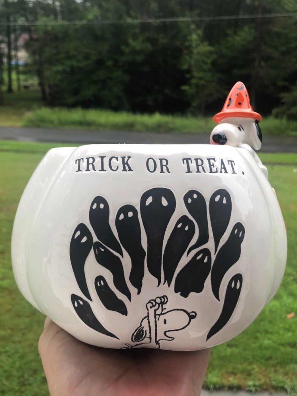 NWT Rae Dunn Peanuts Snoopy Halloween Candy Bowl Pumpkin Shaped "Trick or Treat"
